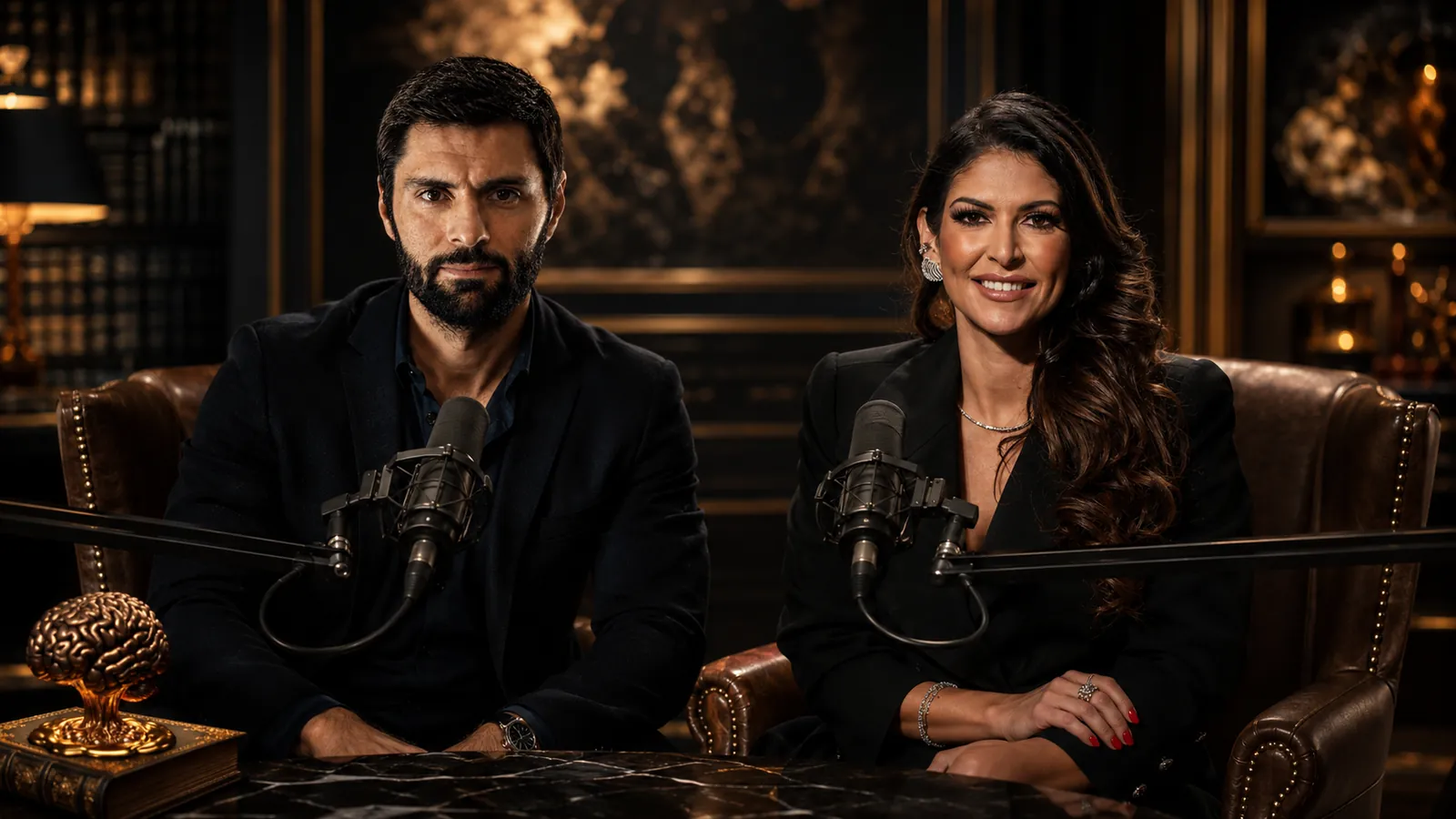 Carol Paiffer e André Buric sentados lado a lado na mesa do podcast, poltronas de couro, microfones e a penumbra dourada