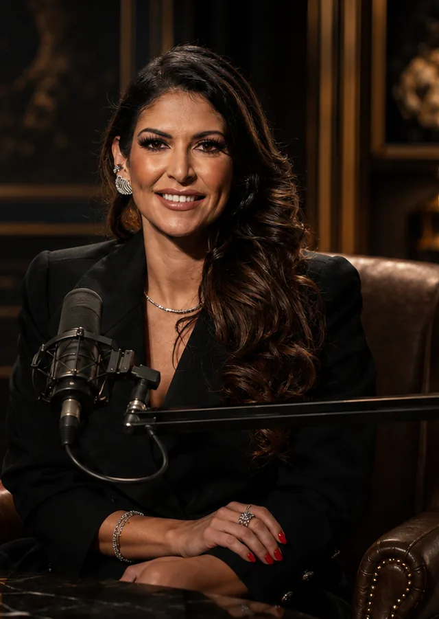 Carol Paiffer na mesa do podcast, com o microfone à frente
